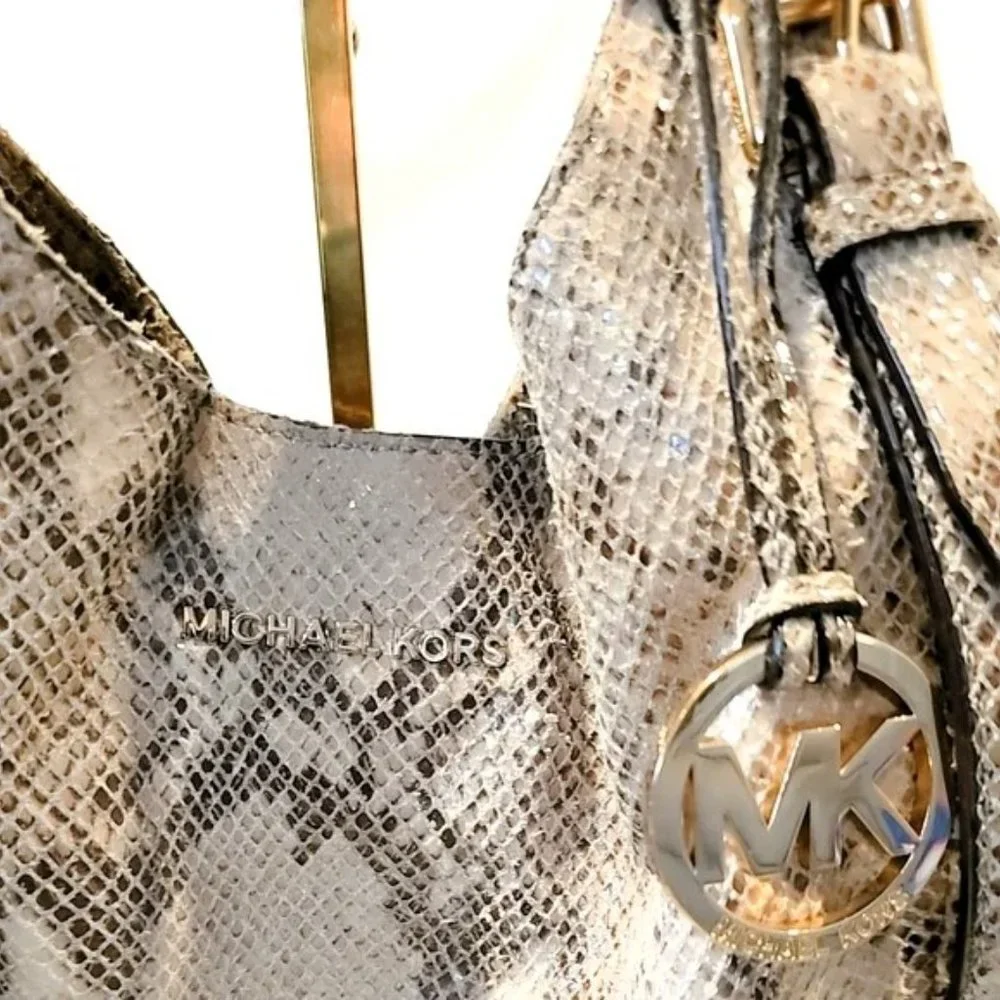 Authentic Michael Kors Beige Python Effect Leather/Suede Bedford Hobo